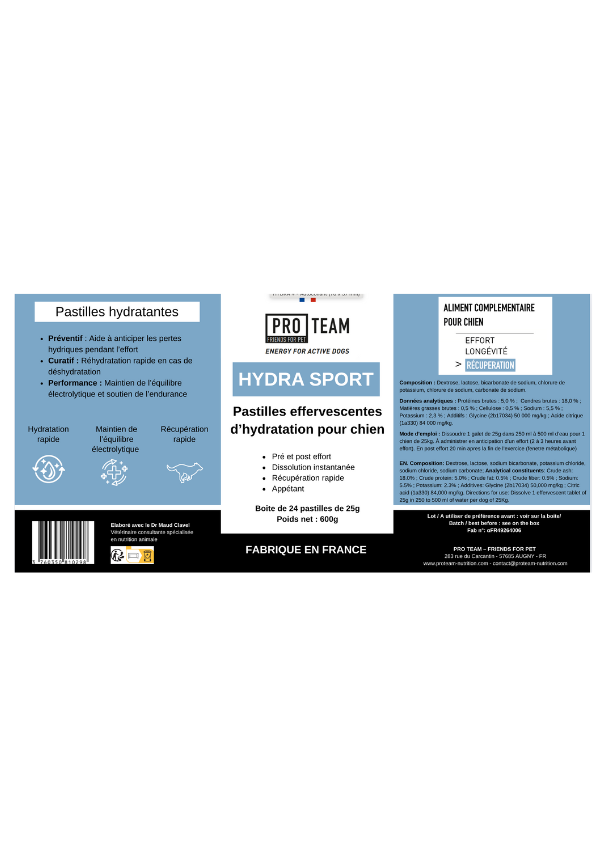 PRO TEAM Hydra Sport est une pastille effervescente d’hydratation pour chiens sportifs.